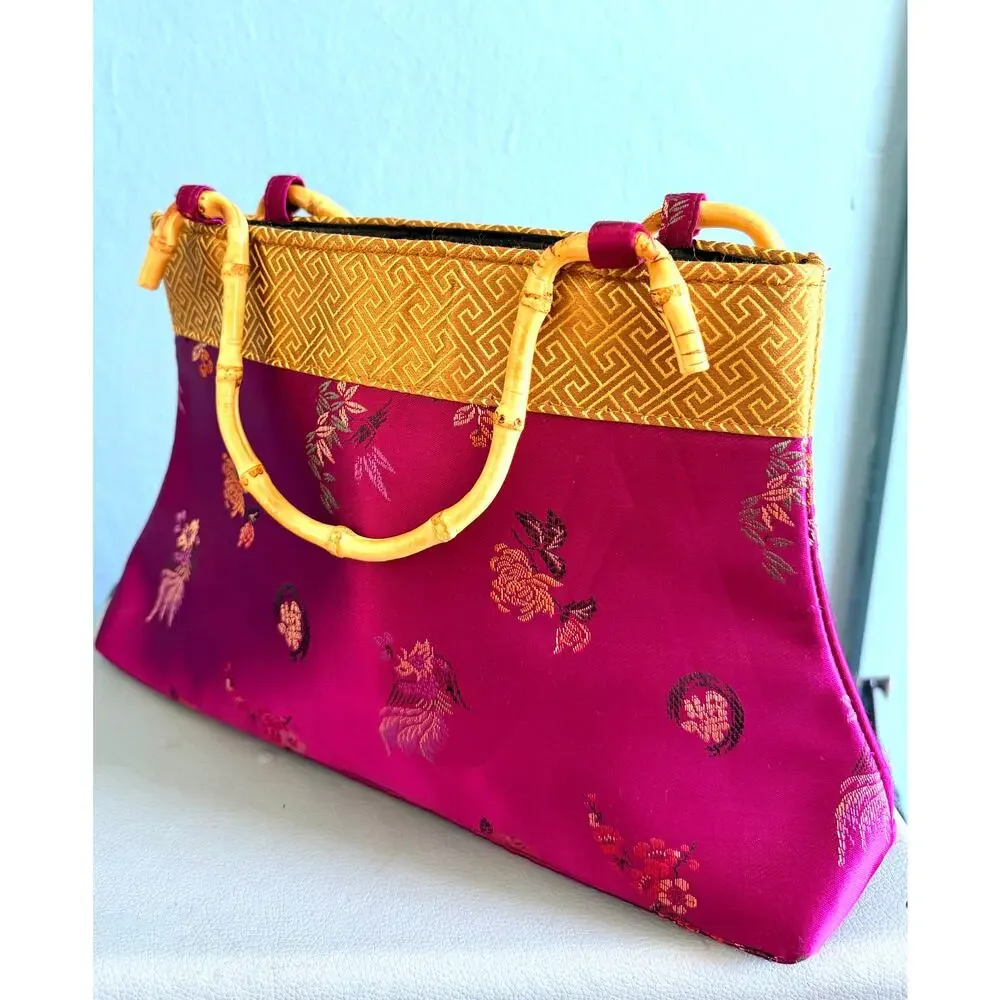 Vintage Y2K Magenta Handbag with Bamboo Handles 90s Asian Satin Evening Purse